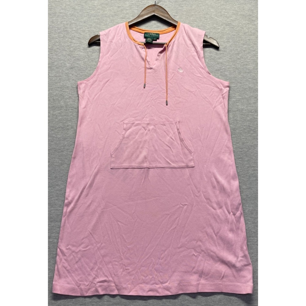 Lauren Ralph Lauren Shift Dress Womens P/L Pink Cotton Sleeveless Tie Split Neck